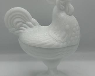Milk, glass rooster on nest