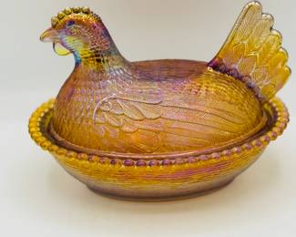 Amber hen on nest