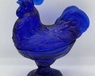 Cobalt blue rooster lifded candy dish