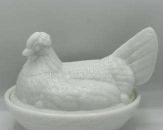 Milk glass hen on nest