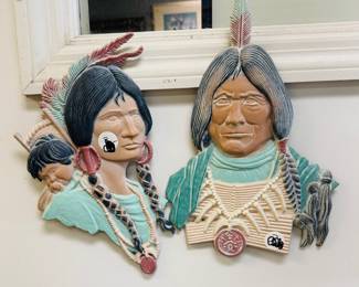 American Indian Bust Metal Wall Mounted Hanging Plaques Hand Painted Home Decor