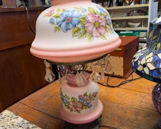 Large Victorian Hurricane Table Lamp, Painted Glass Pink and Blue Floral