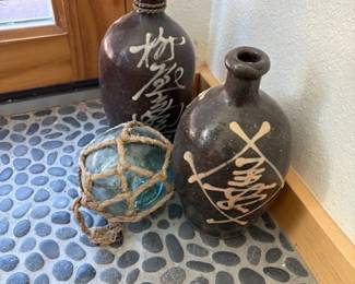 Vintage Japanese tokkuri/sake bottles and fishing float