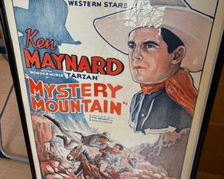 Original 1934 Mascot Serial Ken Maynard 'Mystery Mountain' movie poster, 44" x 29" framed