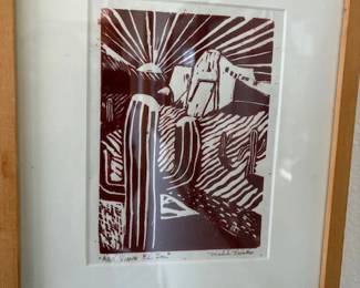 Woodblock print 'Aqui Viene El Sol' by artist Michele Vientes (?), 12 1/2" x 10 1/4"