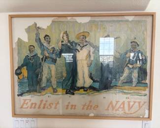 Original WWI US Navy enlistment lithograph 'All Together! Enlist in the Navy' by Henry Reuterdahl (1875-1925), as is condition, 32 1/2" x 44" framed