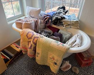 Antique quilts, Laura Ashley down comforter, sheets, towels and weavings