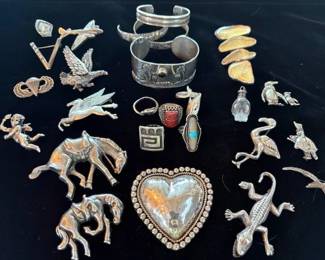 Vintage sterling cuffs, pins and rings