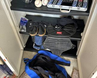 Catcher's Helmet, Chest Pad, Suit, Shoes, Glove and Poker Chips and Soft Balls