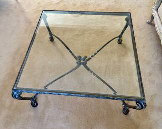 Cast metal and beveled glasstop cocktail table (18.5" h x 39" squared): $220.00