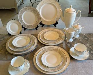 Waterford Fine English China ~ Malahide. 43 pc. set 1 coffee pot with lid, 1 creamer, 1 sugar bowl with lid, 6 tea cups and saucers, 6 - 11" dinner plates, 6 - 9" salad plates, 6 - 6" desert plates: $600.00