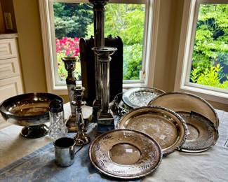 Silver plate platters and candlesticks: Priced from $8.00 - $38.00
