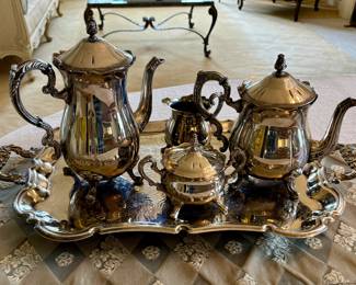 Silver plate coffee, tea, cream, sugar and tray set: $100.00