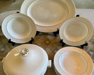 Wedgewood St. Moritz Bone China. 18 pieces: 1- 14" platter: $85.00, 1 - casserole dish with lid: $120.00, 16- 8" soup bowls: $20.00 ea.