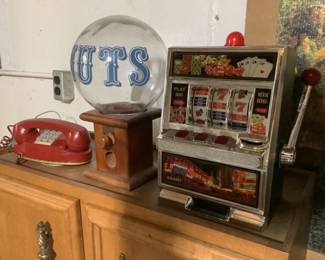 Vintage phone, bar nut container, miniature slot machine