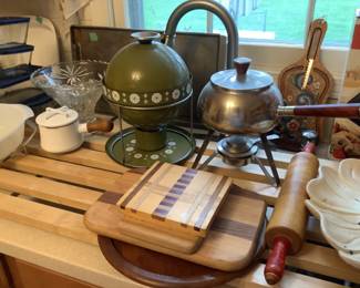 Vintage olive green , cutting boards, rolling pins