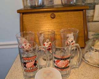 Pyrex Measuring Cups - Oak Bread Box - Red Wings & Detroit Tigers glasses & cups