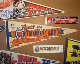 1984 Detroit Tigers World Series Pennant - 1989 Detroit Piston World Champs Pennant - 1997 Detroit Red Wings Stanley Cup Pennant