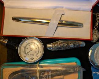 Vintage Sheaffer pen - Pocket Knife - Vintage Tire Gauge - Collectable Spoons