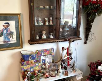 Nice wood display cabinet, white bookcase, vintage christmas and misc