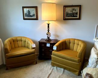 Pair of gold color "barrel" chairs.  Three drawer, chest made by Pennsylvania House.  One of a pair of Stiffel lamps, misc framed prints.
