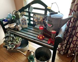 Great wood, chippy paint garden/front porch bench and misc garden decor