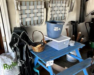 Lawn chairs, cute pic nic table, blower, etc