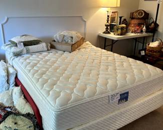 Like new Queen matt, box and frame, pillows and misc comforters