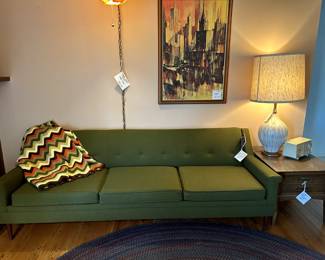 Flexsteel, nylon sofa, great afghan, side table, picture and radio (one of two lamps)