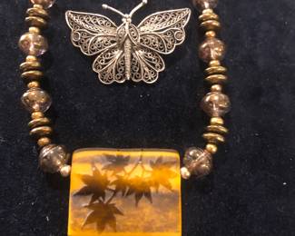 .900 Silver Butterfly Brooch; Japanese Necklace