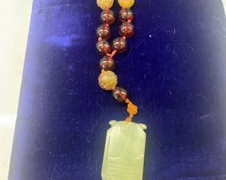 Unique Jade Necklace with carved beads and cloisonné clasp