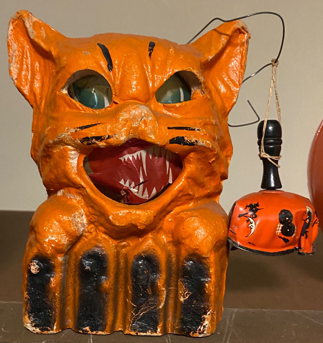 Old Paper Mache Cat on a Fence Lantern