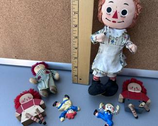 6 Raggedy Ann and Andy Items, wood, plastic and cloth $18.00