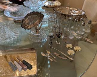 crystal, glass and silver-plate serving pieces and decor