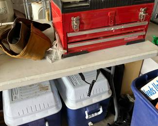 coolers, tool boxes, tools