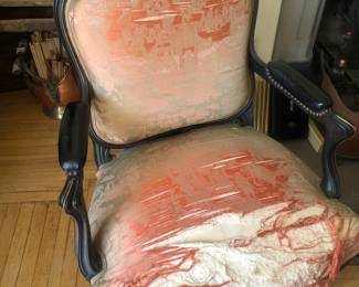 Pair of antique Louis XV style chairs with black leather arm rests