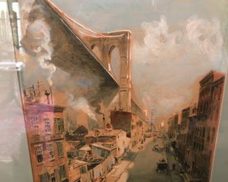 William Louis Sonntag Jr. lithograph, looks like the Brooklyn Bridge NYC