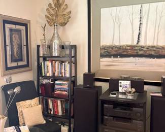 bookcase, books, stereo system