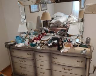 Mid century bedroom furniture complete set. Look at the gorgeous beveled mirror!