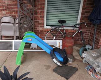 child slide, pet door, folding chairs, bike