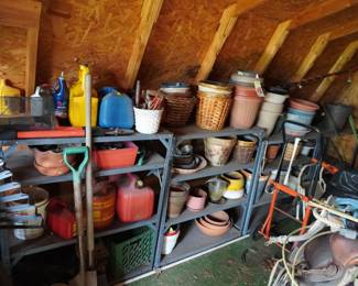 metal shelves, flower pots, gas cans