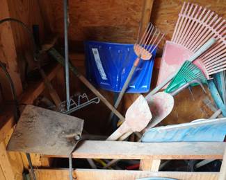 rakes and shovels, post hole diggers, hoe