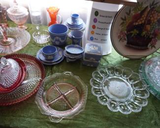 glassware Pink Depression, Indiana Glass Ruby Flash Diamond Point, Wedgewood made in England