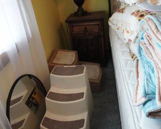 steps, night stand, lamp