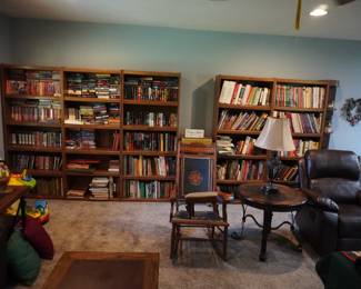 bookcases, books, chairs.