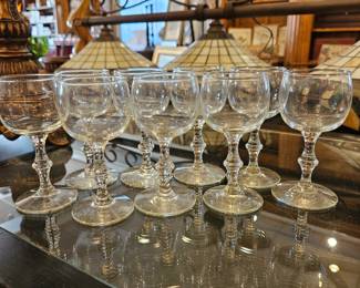 Set of 9 crystal cordial glasses with bamboo style stem
