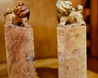 2 soapstone Foo Dog seal stamps, hand carved