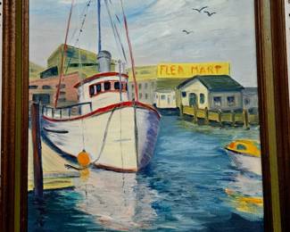 Original art boat scene signed