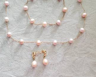 Pearl & 14k necklace bracelet earrings set