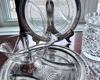 Antique Wallace Sterling Silver Trimmed Glass Divided Trays